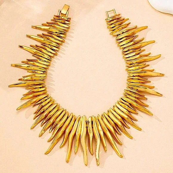 Gold Fringe Statement Choker Tassel Spiked Necklace - Picture 2 of 6